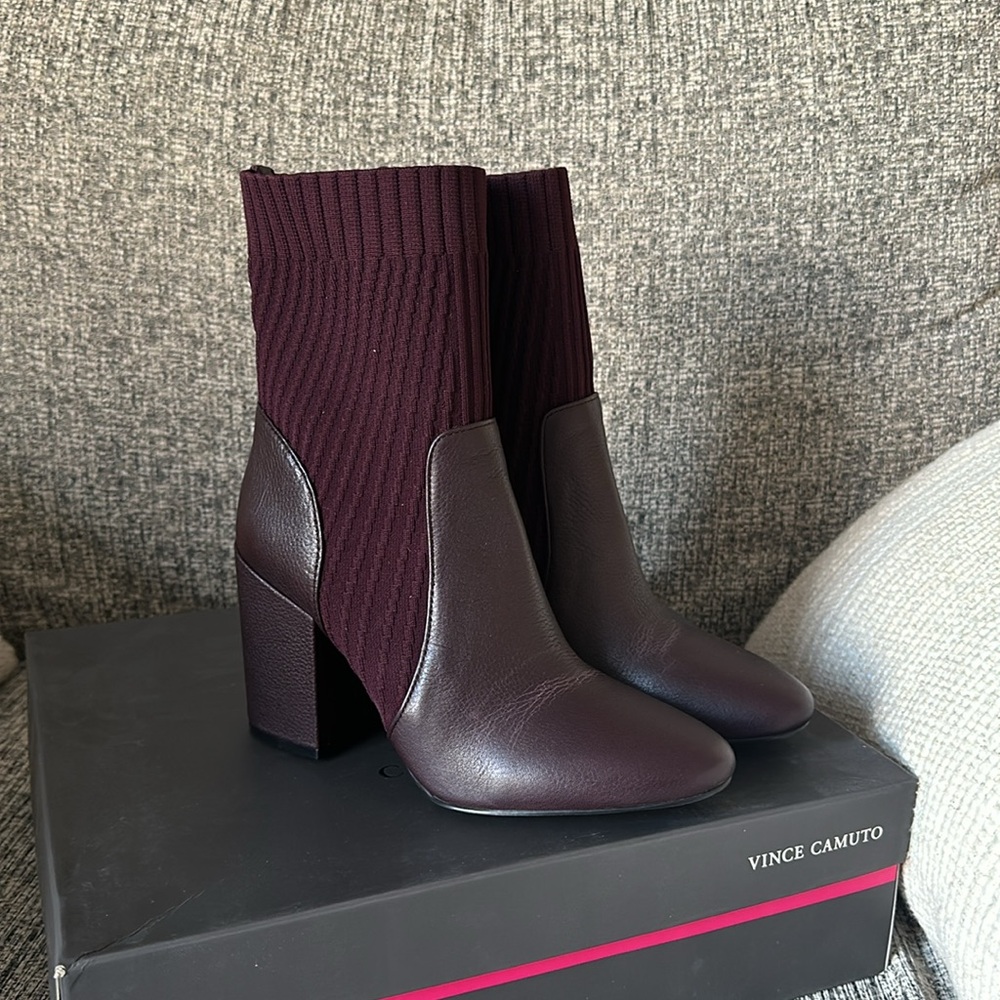Vince Camuto knit x leather ankle boots